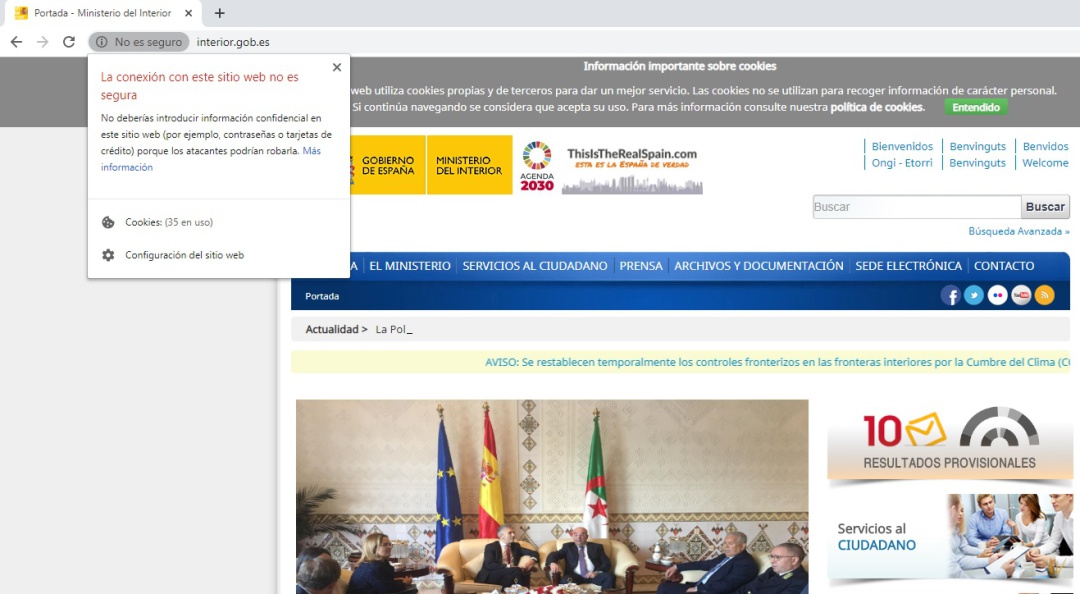 "La conexión con este sitio web no es segura", el mensaje que aparece en la página web del Ministerio del Interior "La conexión con este sitio web no es segura", el mensaje que aparece en la página web del Ministerio del Interior