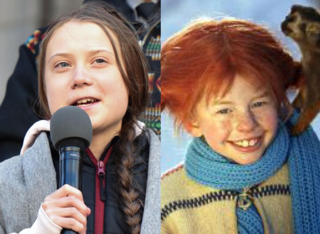 Greta Thunberg (izquierda) y el personaje de Pippi Lángstrump (derecha). Greta Thunberg (izquierda) y el personaje de Pippi Lángstrump (derecha).