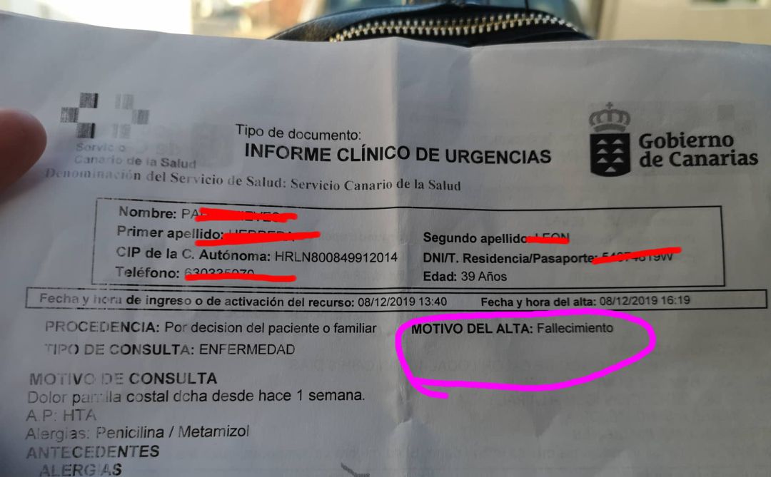 Acude a urgencias en Lanzarote y le dan el alta "por fallecimiento" Acude a urgencias en Lanzarote y le dan el alta "por fallecimiento"