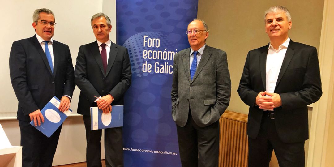 Patricio Sánchez, José Francisco Armesto, Fernando González Laxe y Santiago Lago, en la presentación de un nuevo estudio del Foro Económico de Galicia Patricio Sánchez, José Francisco Armesto, Fernando González Laxe y Santiago Lago, en la presentación de un nuevo estudio del Foro Económico de Galicia