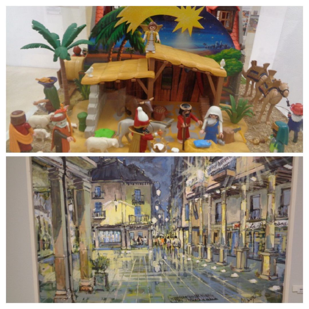 Imagen de una de las vitrinas de la exposición de Playmobil y de uno de los cuadros de Severiano Monge Imagen de una de las vitrinas de la exposición de Playmobil y de uno de los cuadros de Severiano Monge