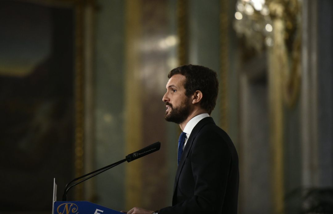 El presidente del Partido Popular, Pablo Casado, durante su intervención en un desayuno de Nueva Economía Fórum, en Madrid (España), a 18 de diciembre de 2019. El presidente del Partido Popular, Pablo Casado, durante su intervención en un desayuno de Nueva Economía Fórum, en Madrid (España), a 18 de diciembre de 2019.