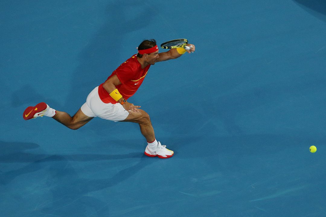Rafa Nadal, en su partido ante Nikoloz Basilashvili en la ATP Cup. Rafa Nadal, en su partido ante Nikoloz Basilashvili en la ATP Cup.