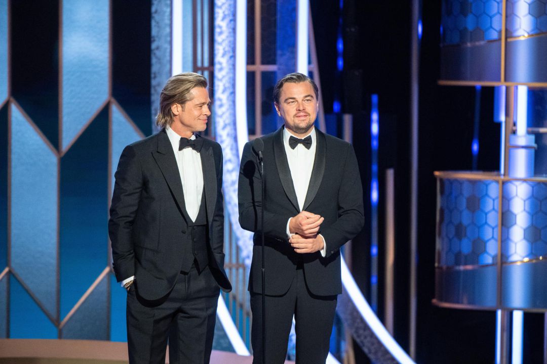handout photo made available by the Hollywood Foreign Press Association (HFPA) shows Brad Pitt and Leonardo DiCaprio presenting during the 77th annual Golden Globe Awards ceremony at the Beverly Hilton Hotel, in Beverly Hills, California, USA, 05 January 2020 handout photo made available by the Hollywood Foreign Press Association (HFPA) shows Brad Pitt and Leonardo DiCaprio presenting during the 77th annual Golden Globe Awards ceremony at the Beverly Hilton Hotel, in Beverly Hills, California, USA, 05 January 2020