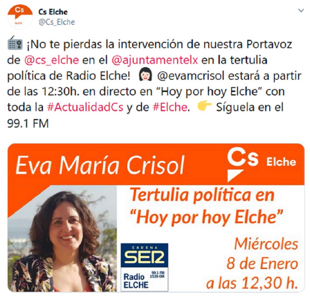 Eva Crisol asiste a la "Tertulia Política" de Radio Elche como portavoz de Ciudadanos sin hacerse oficial el cambio Eva Crisol asiste a la "Tertulia Política" de Radio Elche como portavoz de Ciudadanos sin hacerse oficial el cambio