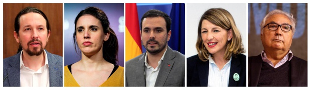 De izquierda a derecha; Pablo Iglesias, Irene Montero, Alberto Garzón, Yolanda Díaz y Manuel Castells. De izquierda a derecha; Pablo Iglesias, Irene Montero, Alberto Garzón, Yolanda Díaz y Manuel Castells.