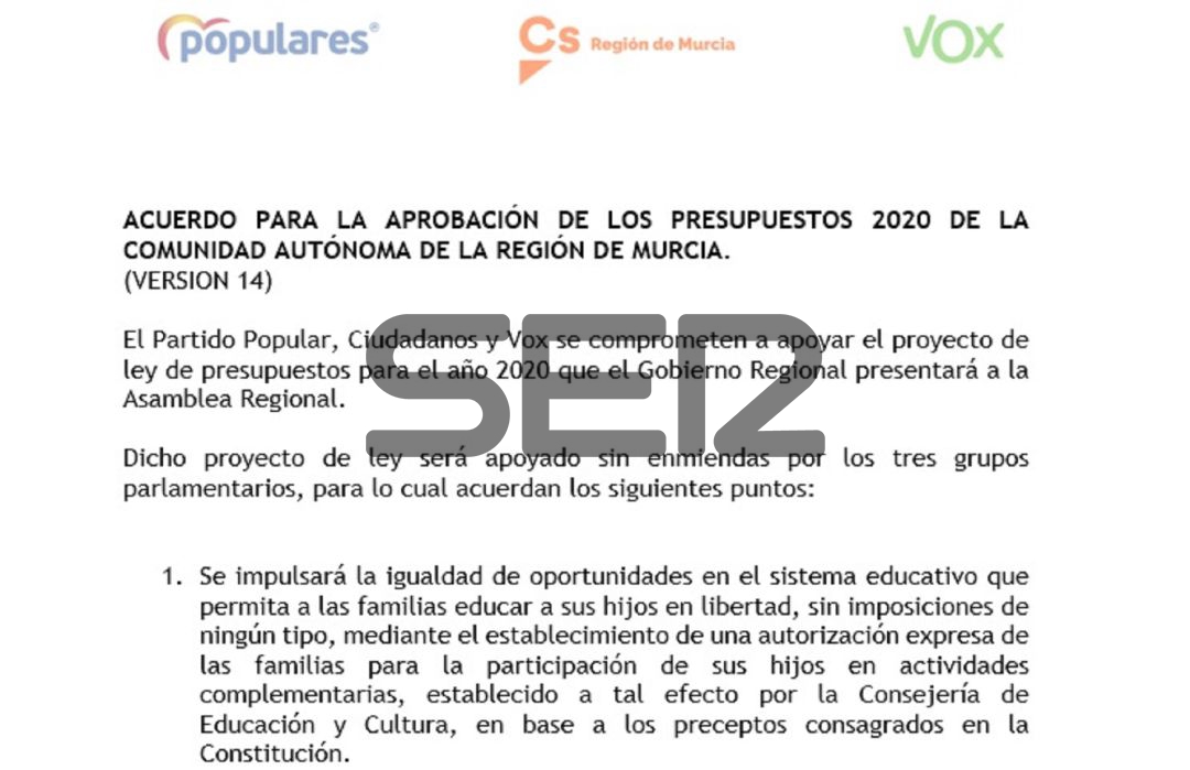 El borrador de acuerdo presupuestario entre PP, Cs y Vox sí incluye el pin parental El borrador de acuerdo presupuestario entre PP, Cs y Vox sí incluye el pin parental