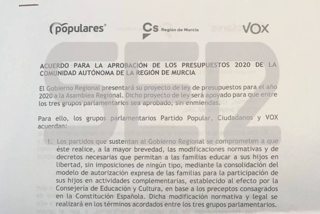 PP, Ciudadanos y Vox cierran un acuerdo para los presupuestos que incluye el 'pin parental' PP, Ciudadanos y Vox cierran un acuerdo para los presupuestos que incluye el 'pin parental'