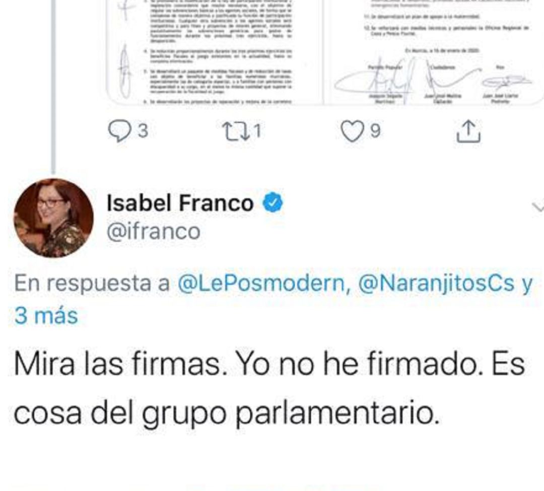 Isabel Franco responde en redes a las críticas sobre la postura de Ciudadanos con la implantación del 'pin parental' en la Región de Murcia, una petición de la ultraderecha Isabel Franco responde en redes a las críticas sobre la postura de Ciudadanos con la implantación del 'pin parental' en la Región de Murcia, una petición de la ultraderecha