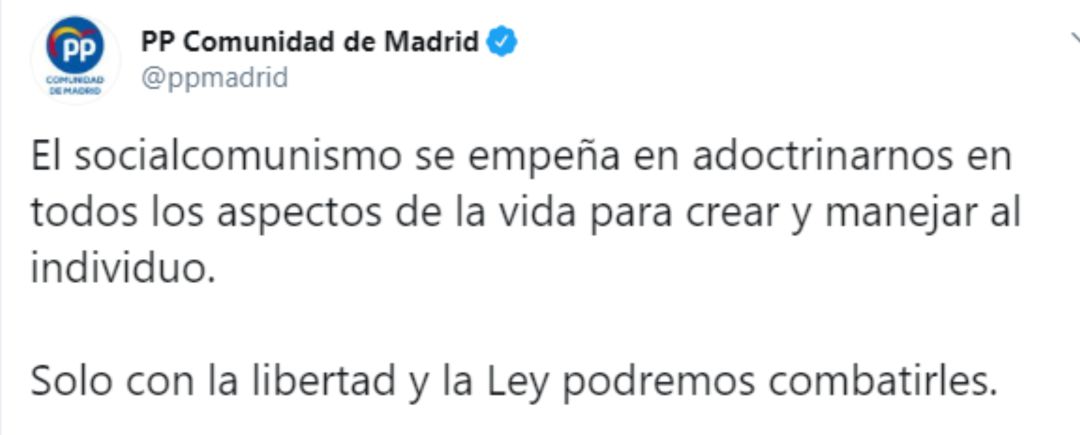 Captura del tuit que ha puesto el PP de la Comunidad de Madrid. Captura del tuit que ha puesto el PP de la Comunidad de Madrid.