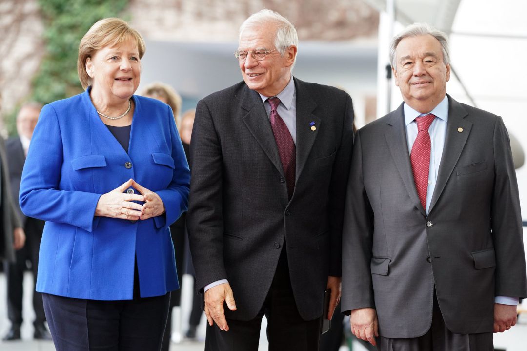 Angela Merkel, Josep Borrell y Antonio Guterres en la reunión en Berlín Angela Merkel, Josep Borrell y Antonio Guterres en la reunión en Berlín