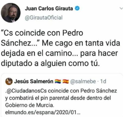 Tuit de Juan Carlos Girauta arremetiendo contra un compañero de partido. Tuit de Juan Carlos Girauta arremetiendo contra un compañero de partido.