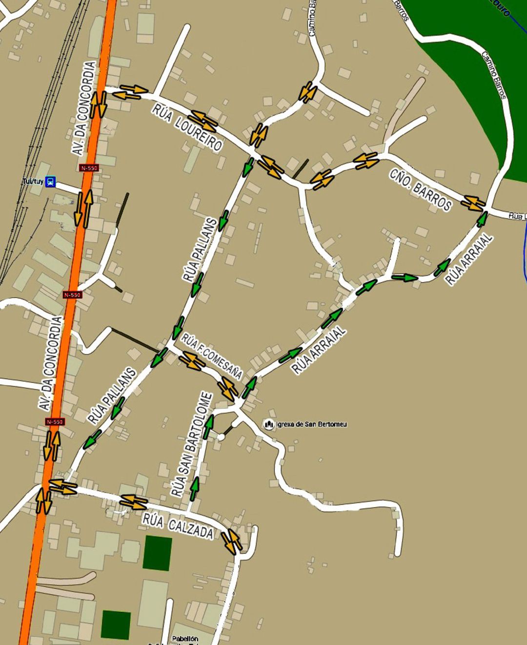 Mapa con los cambios de tráfico en la zona de San Bartolomeu de Tui. Mapa con los cambios de tráfico en la zona de San Bartolomeu de Tui.