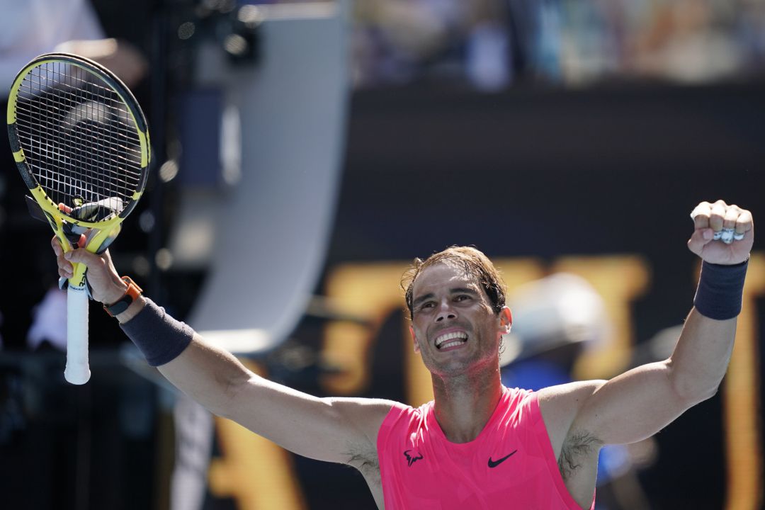 Nadal celebra el triunfo ante Hugo Dellien. Nadal celebra el triunfo ante Hugo Dellien.