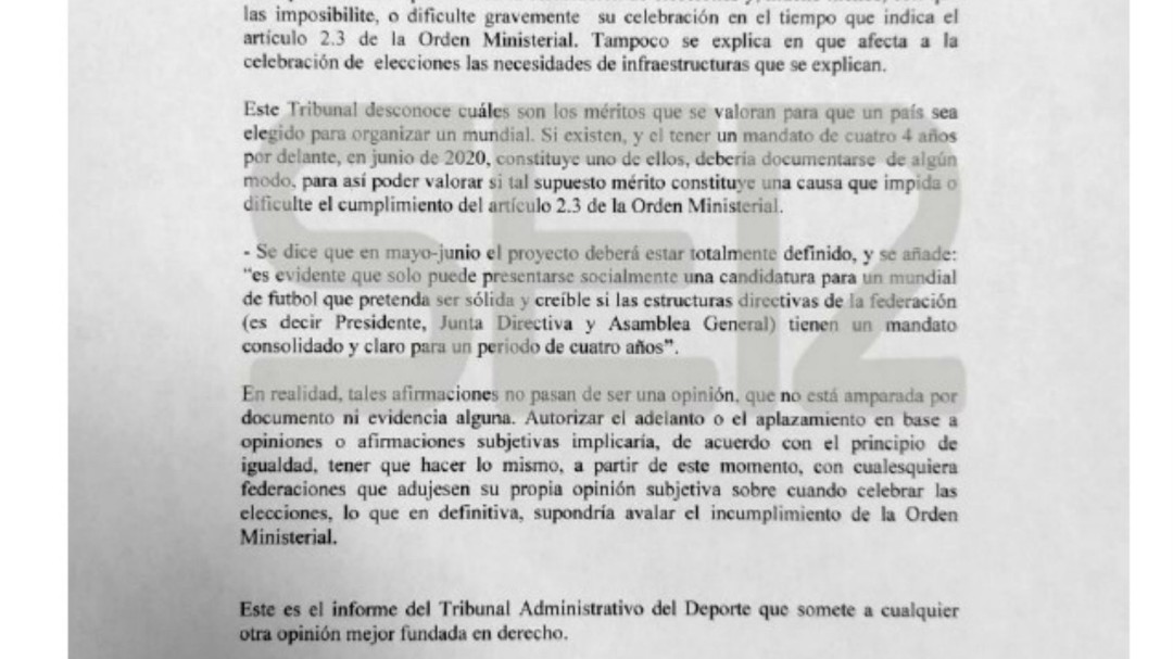 Exclusiva SER: el informe del TAD que aconseja no adelantar las elecciones a la RFEF