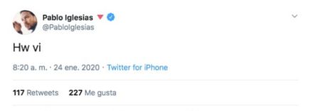 Captura de pantalla del tuit de Iglesias. Captura de pantalla del tuit de Iglesias.