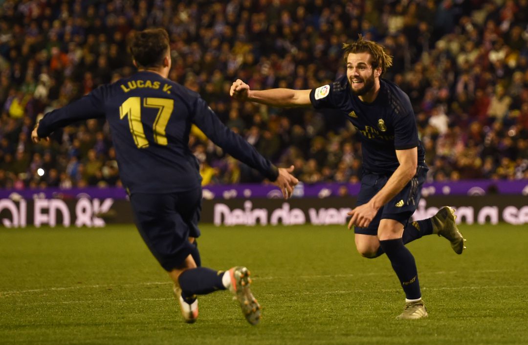 Nacho celebra su gol al Valladolid con Lucas Vázquez. Nacho celebra su gol al Valladolid con Lucas Vázquez.