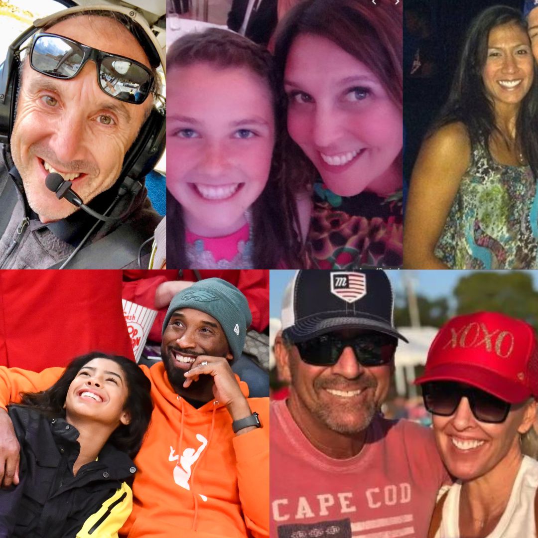 De izquierda a derecha (arriba): Ara Zobayan, Payton y Sarah Chester, Christina Mauser. (Abajo): Gianna y Kobe Bryant, John y Keri Altobelli. Ausente Alyssa Altobelli. De izquierda a derecha (arriba): Ara Zobayan, Payton y Sarah Chester, Christina Mauser. (Abajo): Gianna y Kobe Bryant, John y Keri Altobelli. Ausente Alyssa Altobelli.