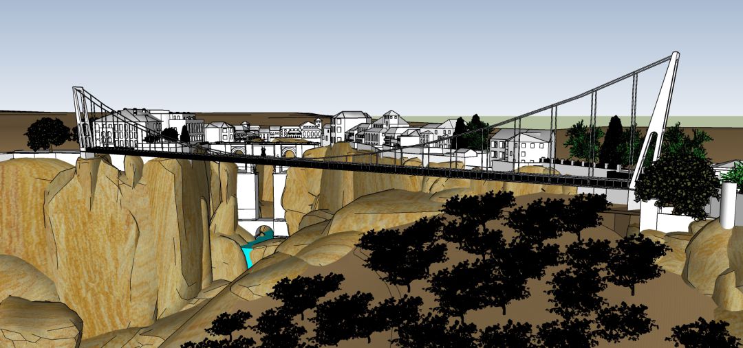 Boceto de la propuesta de puente colgante en la que está trabajando Izquierdo Boceto de la propuesta de puente colgante en la que está trabajando Izquierdo