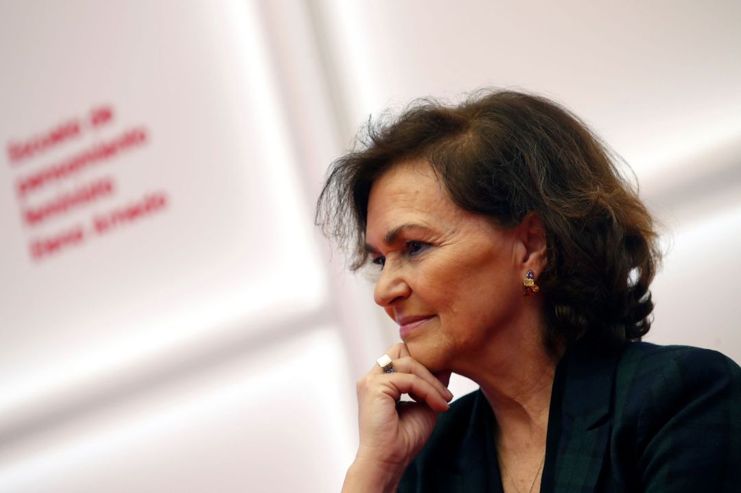 La secretaria de Igualdad del PSOE y vicepresidenta primera del Gobierno, Carmen Calvo, interviene en la presentación de la Escuela de Pensamiento Feminista "Elena Arnedo" La secretaria de Igualdad del PSOE y vicepresidenta primera del Gobierno, Carmen Calvo, interviene en la presentación de la Escuela de Pensamiento Feminista "Elena Arnedo"