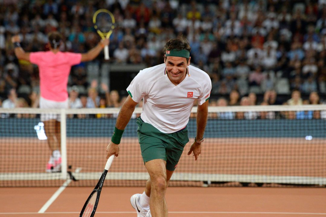 Nadal celebra un punto en el partido solidario Nadal celebra un punto en el partido solidario