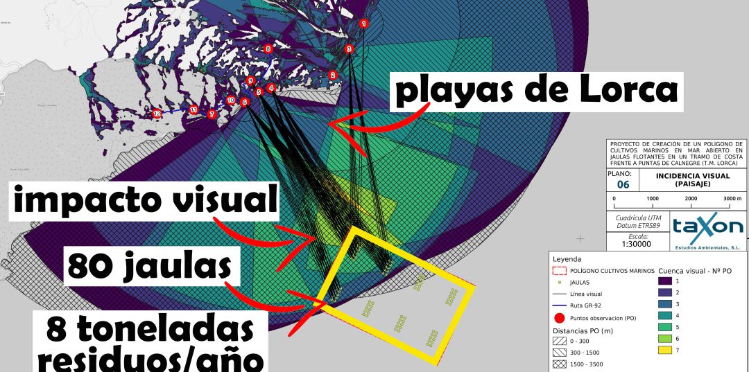 Recreación del impacto que tendría la piscifactoría frente a las playas de Lorca, según IU-V Recreación del impacto que tendría la piscifactoría frente a las playas de Lorca, según IU-V