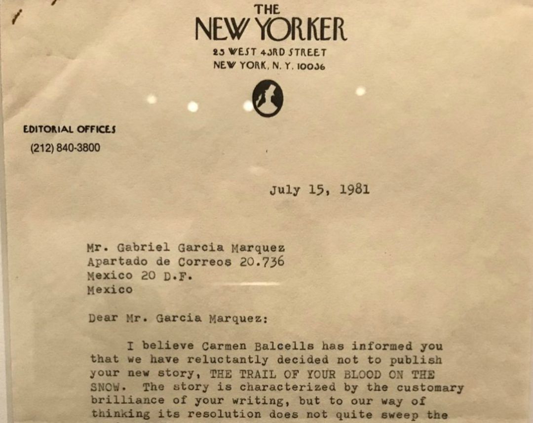 Parte de la carta de rechazo de 'The New Yorker' a García Márquez Parte de la carta de rechazo de 'The New Yorker' a García Márquez