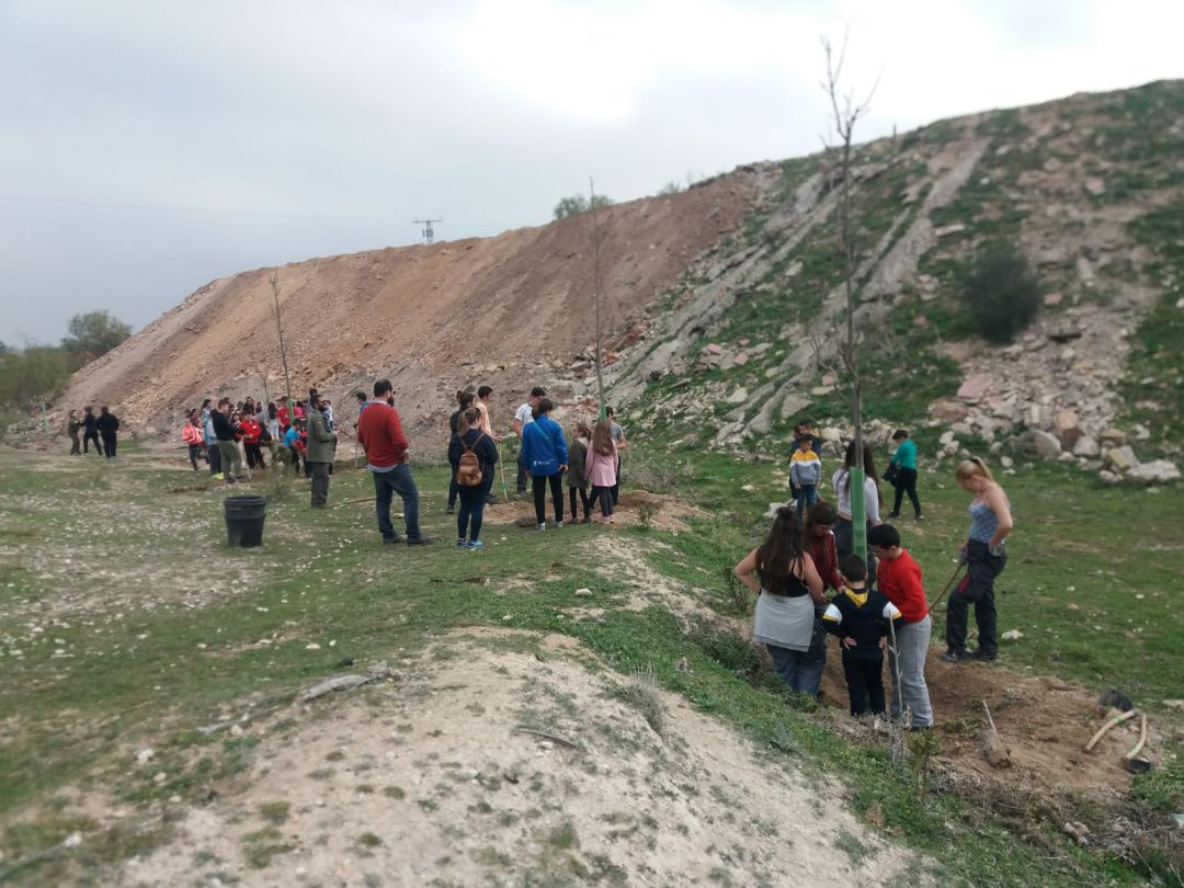 Los escolares plantando algunos de los ejemplares en el Barranco de la Arena Los escolares plantando algunos de los ejemplares en el Barranco de la Arena