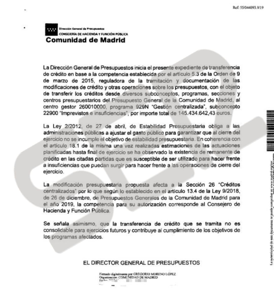 Expediente del director general de Presupuestos donde se autoriza el desvío de 145 millones a la partida "imprevistos" porque tienen un "remanente" para retener ese dinero Expediente del director general de Presupuestos donde se autoriza el desvío de 145 millones a la partida "imprevistos" porque tienen un "remanente" para retener ese dinero