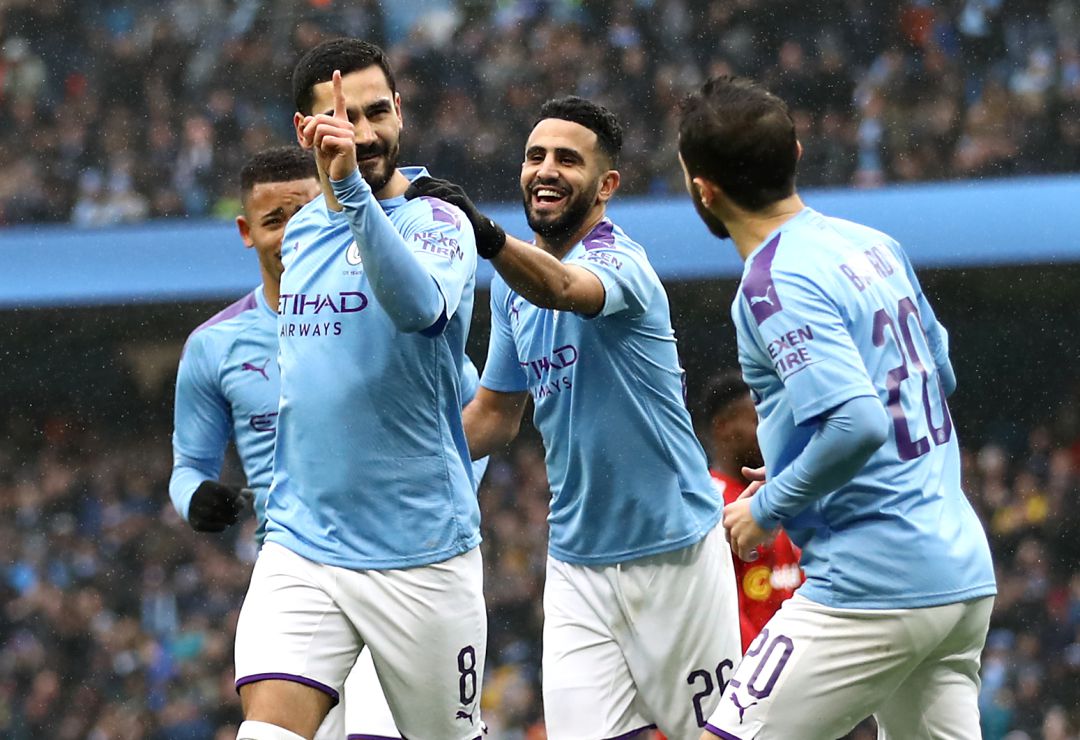Gundogan, Jesus, Mahrez y Silva celebrando un gol Gundogan, Jesus, Mahrez y Silva celebrando un gol
