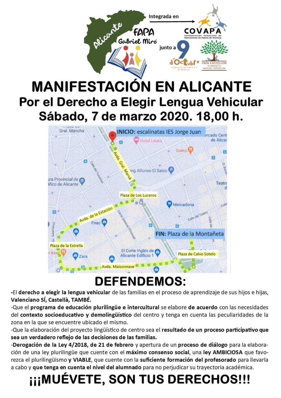 Manifestación por el derecho a elegir lengua vehicular en Alicante Manifestación por el derecho a elegir lengua vehicular en Alicante
