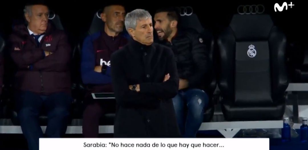 Eder Sarabia y Quique Setién, durante el partido del Santiago Bernabéu Eder Sarabia y Quique Setién, durante el partido del Santiago Bernabéu