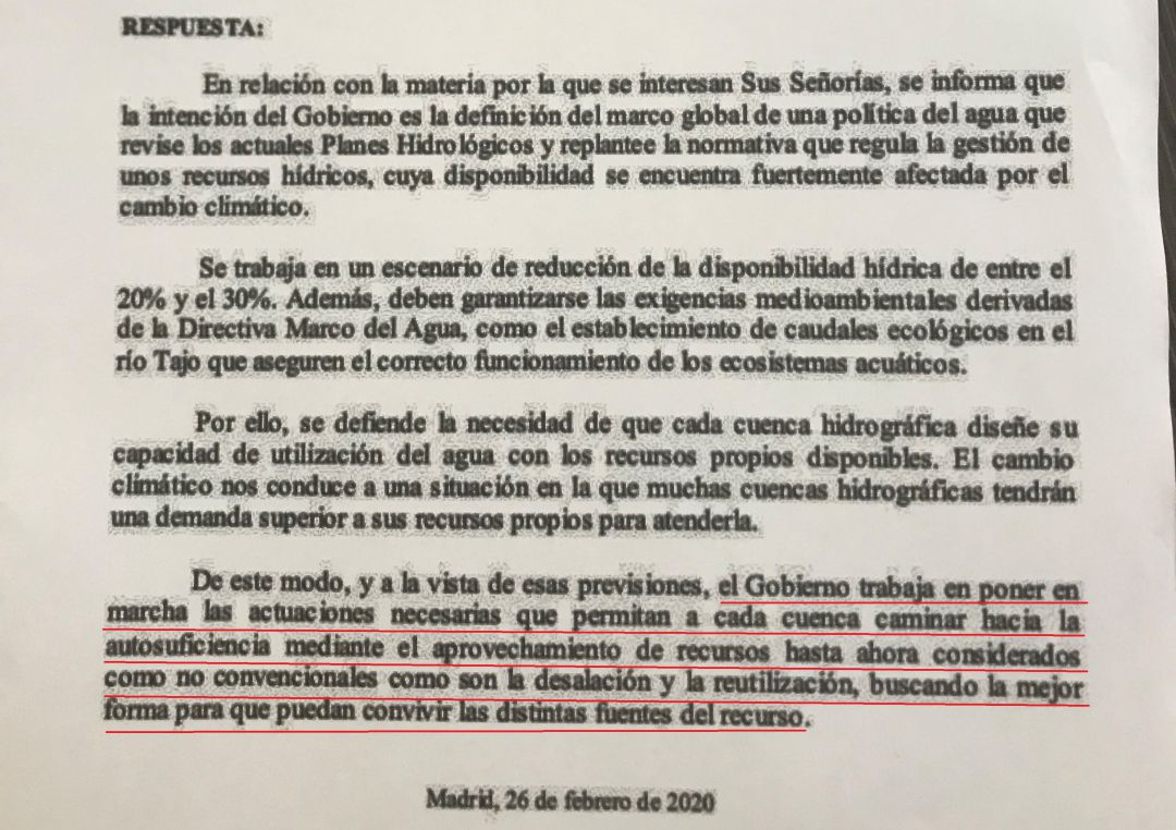 Esta es la respuesta parlamentaria del Gobierno de España al PP sobre el trasvase Tajo-Segura Esta es la respuesta parlamentaria del Gobierno de España al PP sobre el trasvase Tajo-Segura