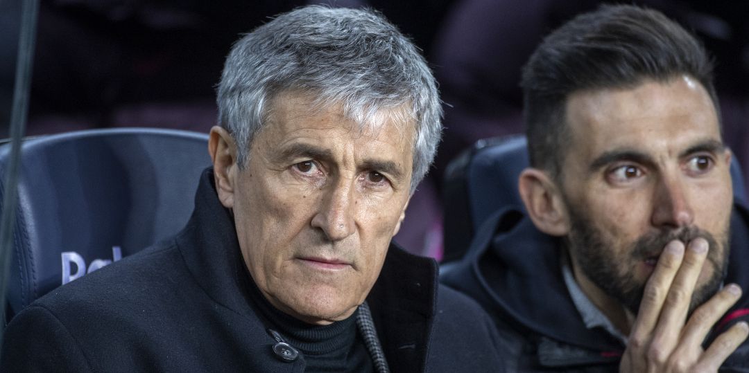 Quique Setién y Eder Sarabia, durante un encuentro del Fútbol Club Barcelona Quique Setién y Eder Sarabia, durante un encuentro del Fútbol Club Barcelona