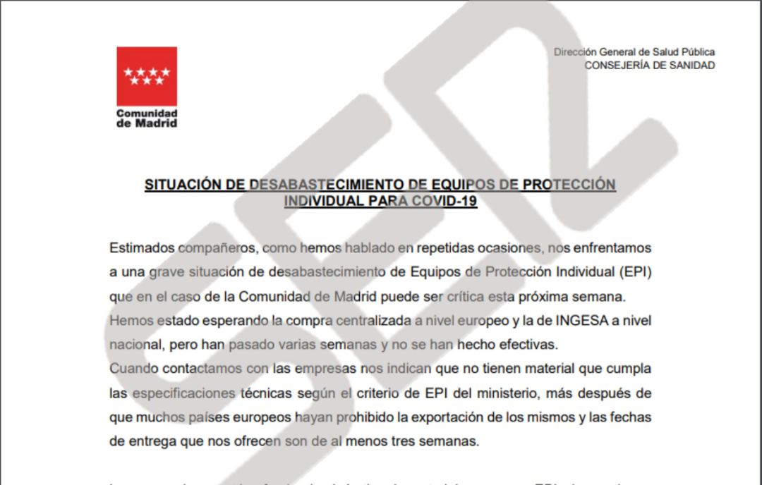 Carta enviada por la directora de Salud Pública de la Comunidad de Madrid. Carta enviada por la directora de Salud Pública de la Comunidad de Madrid.