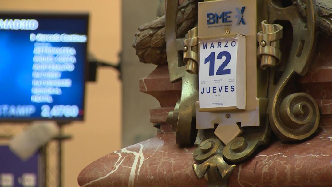 La bolsa de Madrid este jueves 12 de marzo de 2020.
La bolsa de Madrid este jueves 12 de marzo de 2020.