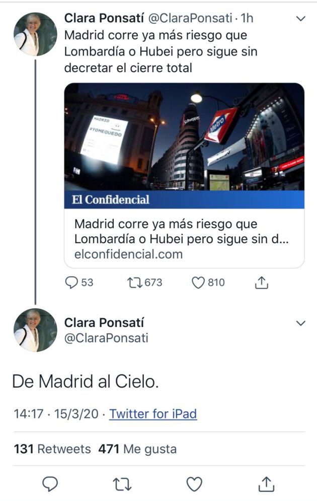 El tuit de Clara Ponsatí que después eliminó El tuit de Clara Ponsatí que después eliminó