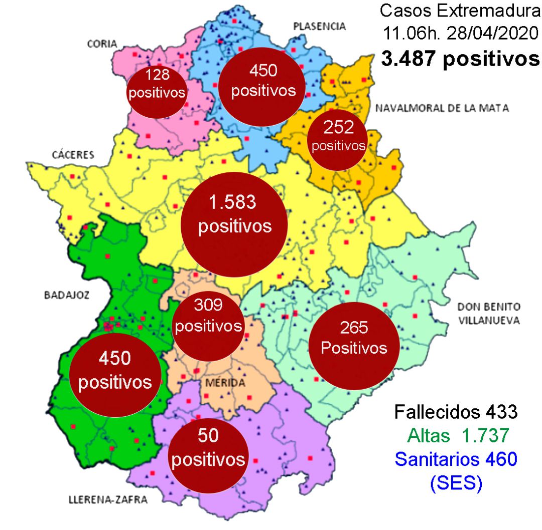 Mapa de las áreas de salud de Extremadura con el número de contagios acumulados en cada una de ellas. Mapa de las áreas de salud de Extremadura con el número de contagios acumulados en cada una de ellas.
