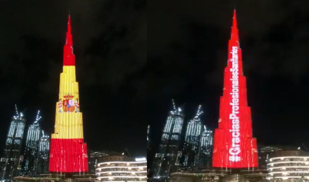 La torre se iluminó para animar a los profesionales sanitarios españoles. La torre se iluminó para animar a los profesionales sanitarios españoles.
