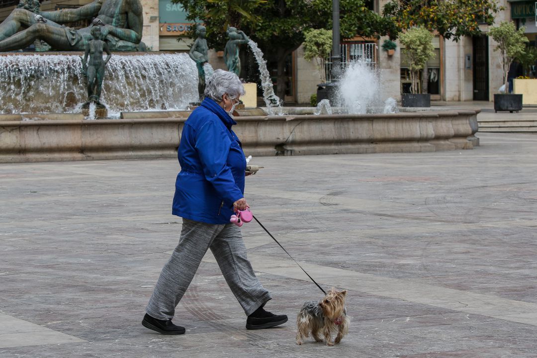 Una mujer con mascarilla pasea a su perro durante el cuarto día del estado de alarma por coronavirus
Una mujer con mascarilla pasea a su perro durante el cuarto día del estado de alarma por coronavirus