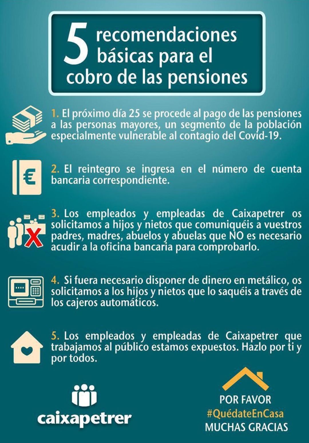 Las sucursales bancarias de Elda y Petrer piden a jubilados que no acudan a comprobar el cobro de la pensión para evitar riesgos innecesarios Las sucursales bancarias de Elda y Petrer piden a jubilados que no acudan a comprobar el cobro de la pensión para evitar riesgos innecesarios