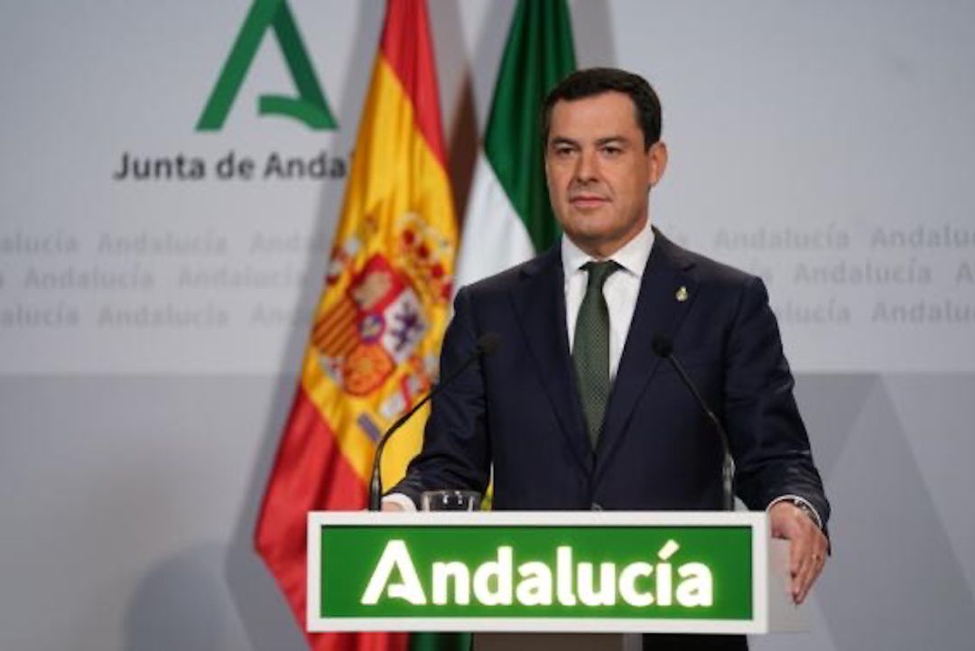 El presidente de la Junta, Juan Manuel Moreno, durante su comparecencia este domingo El presidente de la Junta, Juan Manuel Moreno, durante su comparecencia este domingo
