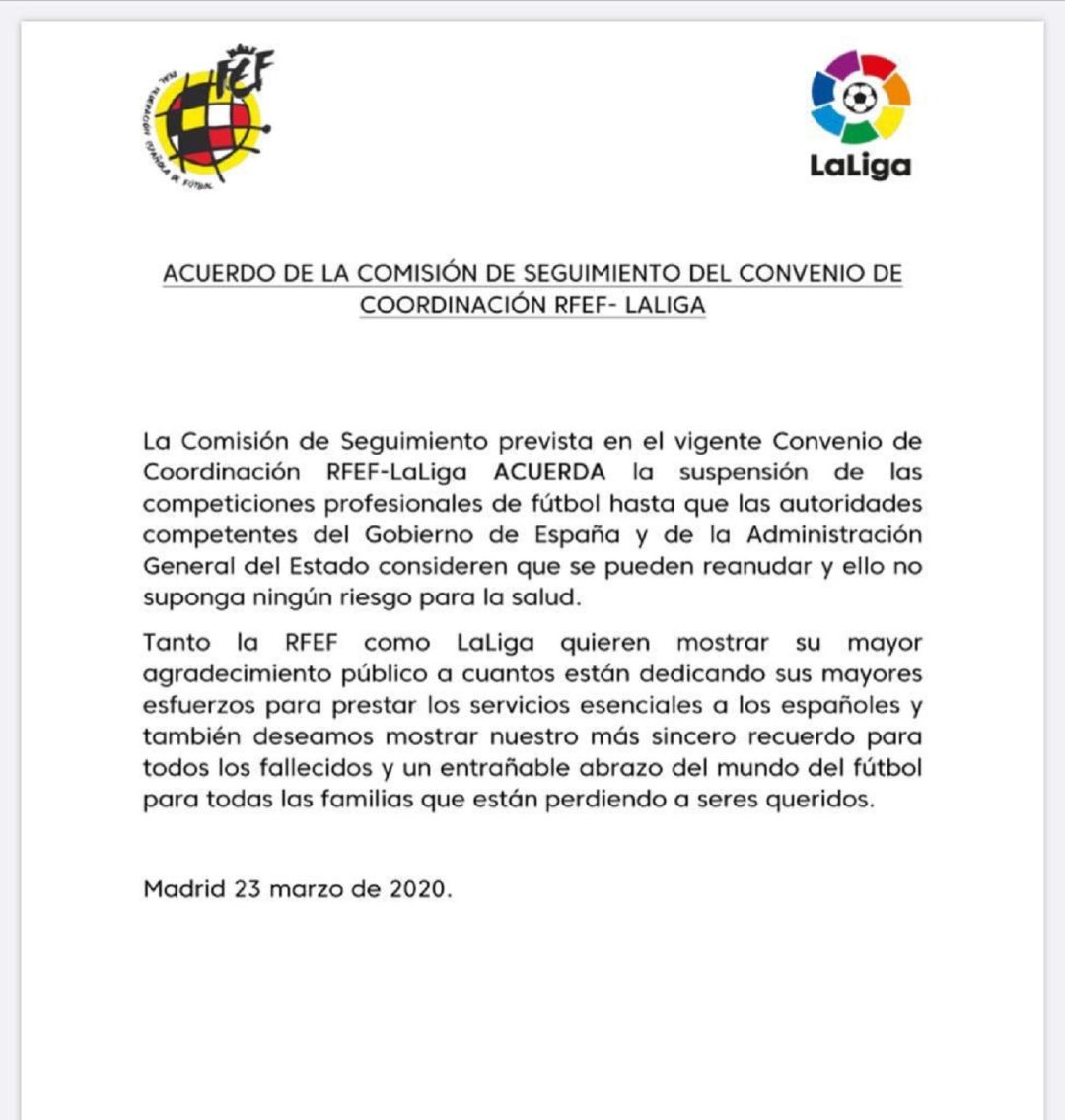 Comunicado emitido por la FEF y la Liga Comunicado emitido por la FEF y la Liga