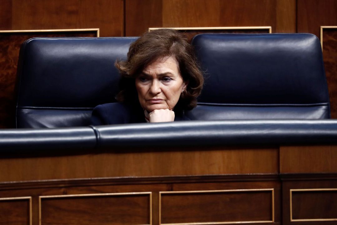 La vicepresidenta del Gobierno, Carmen Calvo durante el pleno extraordinario para explicar la declaración del estado de alarma. La vicepresidenta del Gobierno, Carmen Calvo durante el pleno extraordinario para explicar la declaración del estado de alarma.