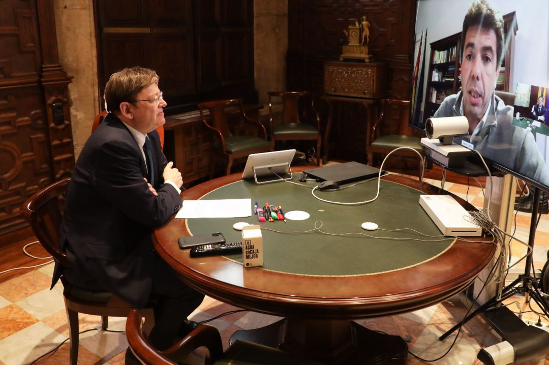 El presidente de la Generalitat, Ximo Puig, y el de la Diputación, Carlos Mazón, durante su reunión telemática El presidente de la Generalitat, Ximo Puig, y el de la Diputación, Carlos Mazón, durante su reunión telemática