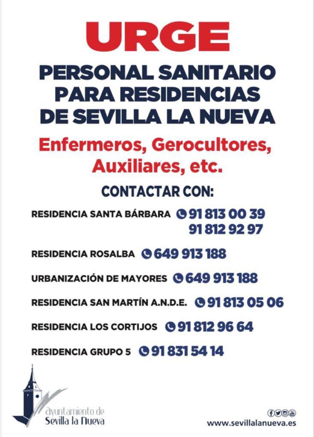 Las residencias de Sevilla la Nueva necesitan urgentemente personal sanitario Las residencias de Sevilla la Nueva necesitan urgentemente personal sanitario