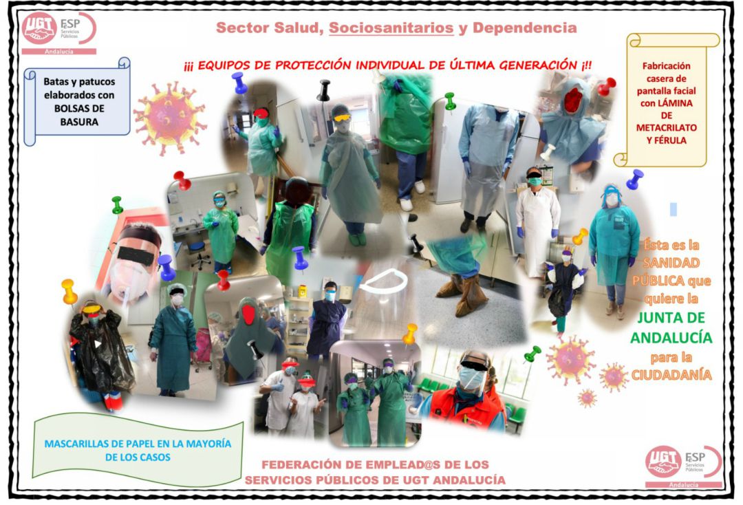 Montaje de fotografías de varios hospitales con personal sanitario protegido con bolsas de basura Montaje de fotografías de varios hospitales con personal sanitario protegido con bolsas de basura