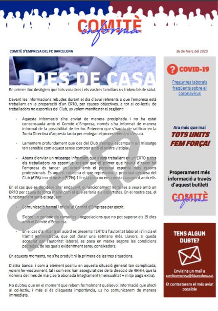 Comunicado del comité de empresa del Barcelona sobre el ERTE a los trabajadores del club Comunicado del comité de empresa del Barcelona sobre el ERTE a los trabajadores del club