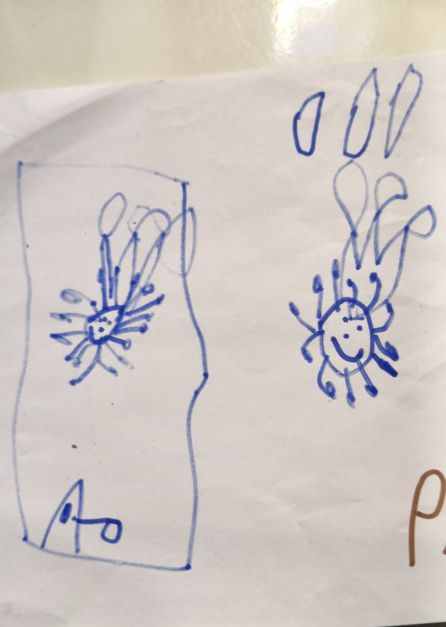 Dibujo de Marcos, 5 años. Venciendo al coronavirus con agua y jabón. Dibujo de Marcos, 5 años. Venciendo al coronavirus con agua y jabón.