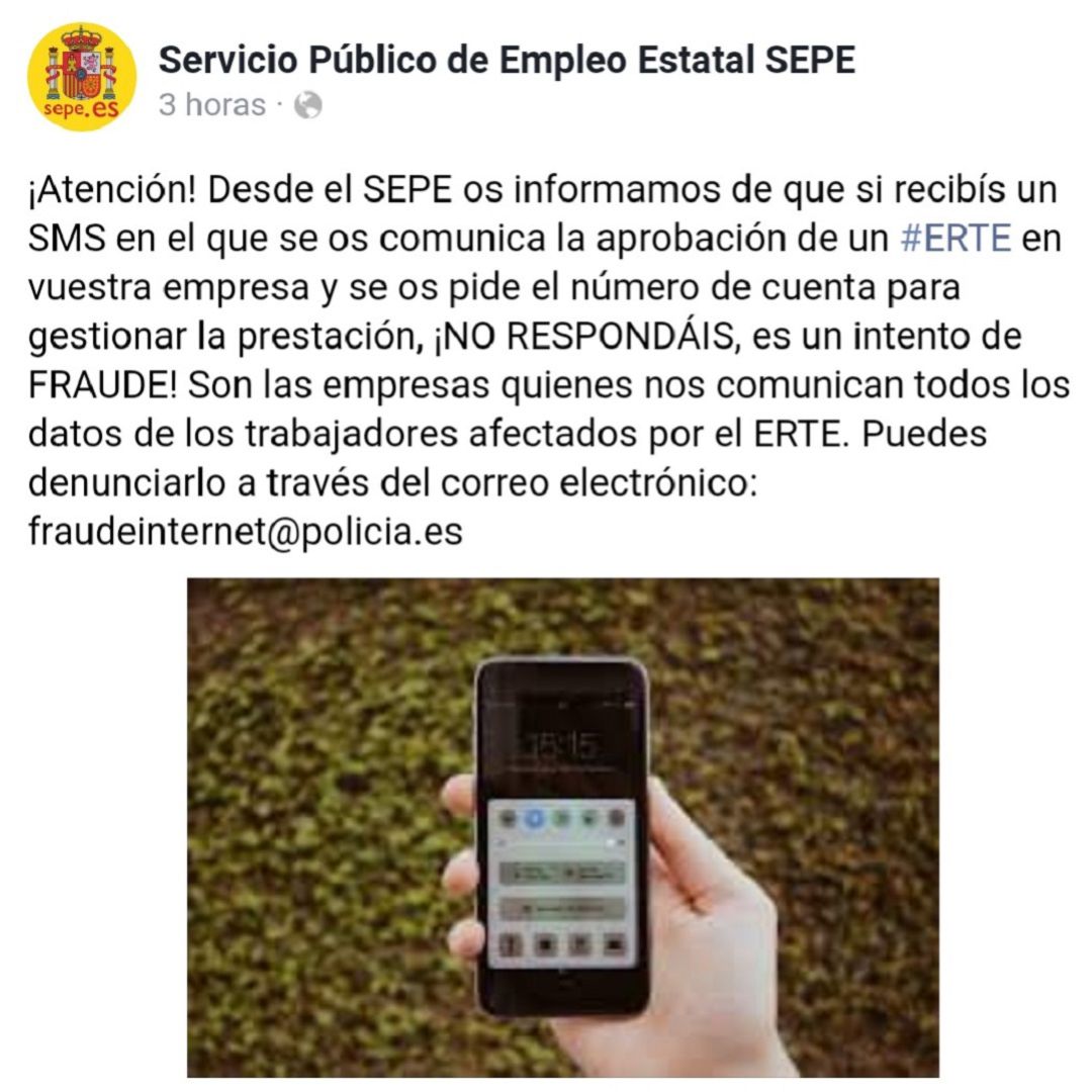 El propio SEPE ha difundido la alerta a través de sus canales El propio SEPE ha difundido la alerta a través de sus canales